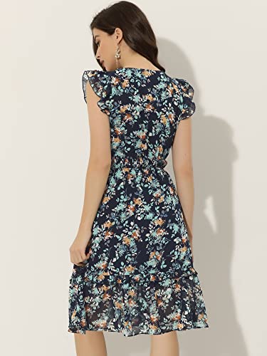Image of Allegra K Women's Floral Dress Spring Summer V Neck Flutter Sleeve Ruffle Casual Smocked Knee Length Dresses