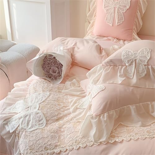 MOOWOO Princess Lace Bow Bedding Set- Pink Sweet Girl Chiffon Ruffles Bedding- 3PC(1 Duvet Cover 90x90 Inch, 2 Pillowcases) Aesthetic Bedding for Woman Girls Bedroom by MOOWOO - Used condition - Image 7
