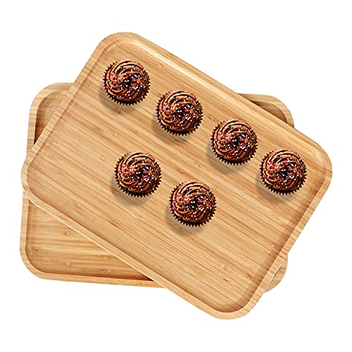 Image of HOKIPO Wooden Bamboo Serving Tray, Beige, Large - Set of 2 (AR1943L*2)