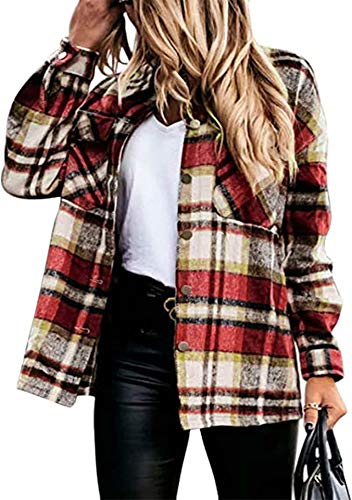 EFOFEI Ladies Long Sleeve Flannels Plaid Shirts Classic Check Gingham Cardigans Top Red XL