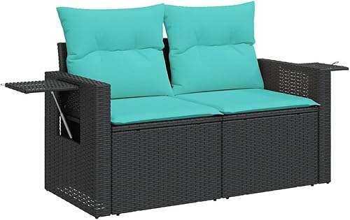 Miniatura 3 de 6 Piece Garden Sofa Set with PE Rattan and Powder-Coated Steel Frame, Modern Outdoor Furniture Set with Blue Cushions and Black Frame for Patio