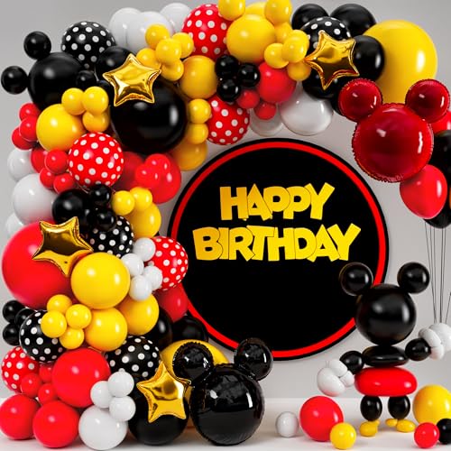 ALL-IN-1 Red Black Yellow Balloon Arch Kit with BONUS Gold Stars for Cartoon Birthday Party...