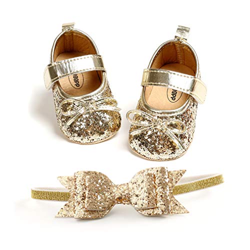 Oaisnit Baby Girl Mary Jane Flats Sparkly Soft Infant Princess Dress Crib Shoes With Headband (12-18 Months Toddler, 3-Gold) #TOP1