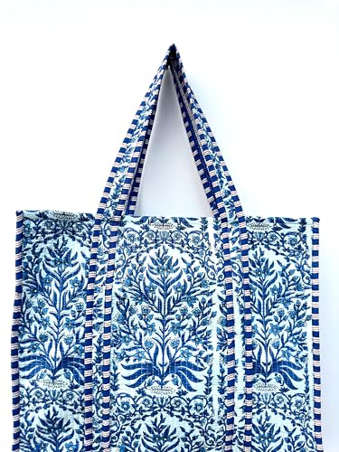 Image of Quilted Cotton Hand printed Reversible Large multicolor cotton Tote Bag,Indian Handmade Block Printed Tote Bag Women Handbag