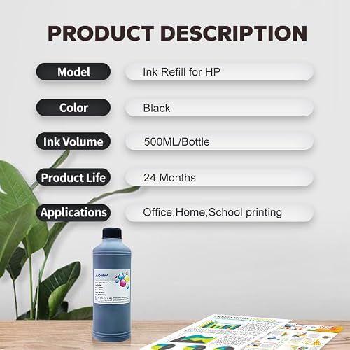 Aomya Ink Refill Kit Black 500ml Dye Bulk Ink for HP Inkjet Printers Refillable Cartridge CISS CIS System (16.9 oz) - Thumbnail 2