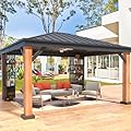 EROMMY 12'x14' Hardtop Gazebo, Galvanized Steel Top with Wood Grain Aluminum Frame, Permanent Metal Pavilion with Three-Layer Storage Shelves for Patio, Backyard, Deck and Lawns