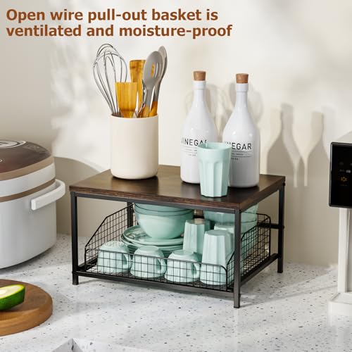 KLM Pull Out Spice Rack Organizer for Cabinet,Rustic Wood Top with Wire Basket Storage,Kitchen Countertop Organizer and Storage for Pantry, Counter top,Coffee Station Wood. (Brown) - Image 2