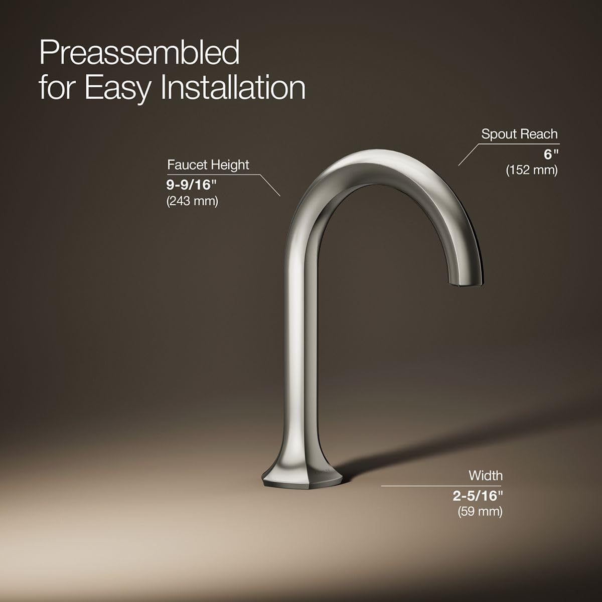 Diagram showing faucet dimensions: overall height 9-9/16 inches, spout reach 6 inches, width 2-5/16 inches.