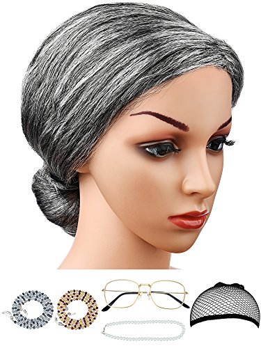 Hestya 6 Pieces Old Lady Costume Granny Wig Accessories For Dress Up (Style Set 2) #TOP27