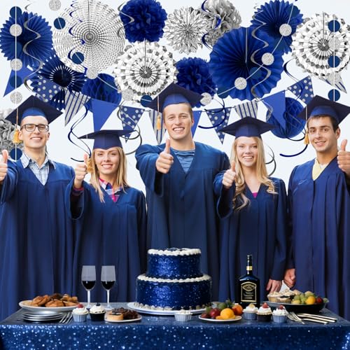 Image of 24 Pcs Blue Silver Party Decorations, Paper Fans Pom Poms Banner 8-16 in | Navy blue silver fans, pom poms, honeycomb balls, banner, spirals for graduation, birthday, retirement, wedding decor