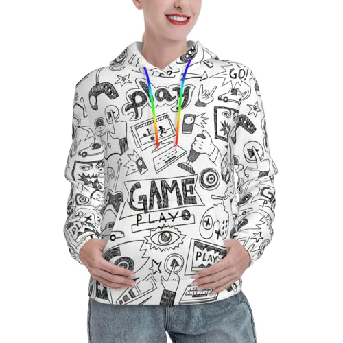 Sweat à capuche gaming monochrome pour femme avec poche kangourou style sketch tendance