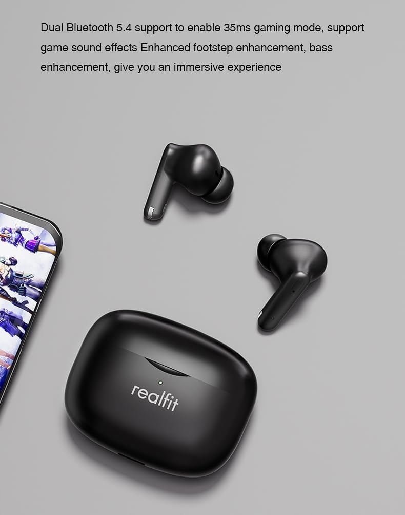 Realfit F3 Earbuds Pro with phone showing gaming mode