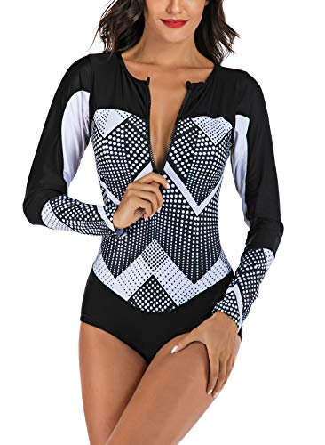 Yateen Women's UV Protection One Piece Long Sleeve Rash Guard Swimsuit Zip Front Surfing Shirt Black