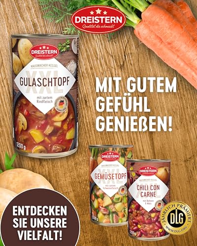 DREISTERN Gulaschsuppe 1200g I Mit Rindfleisch & Gemüse I XXL Herzhafter Eintopf in recyclebarer Konservendose I Lange Haltbarkeit dank natürlicher Konservierung I Hausmacher Qualität