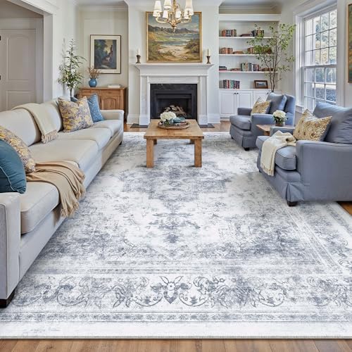Washable Rug 9x12 Area Rug for Living Room Blue Vintage Boho Medallion Large Distressed Retro Carpet Non Slip Indoor Low Pile Small Soft Bedroom Dining Room Home Office