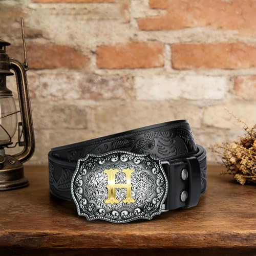 Image of Mens Western Cowboy Cowgirl Faux Leather Belt Longhorn Bull Pattern Letter Big Buckle Embossed Floral Belts