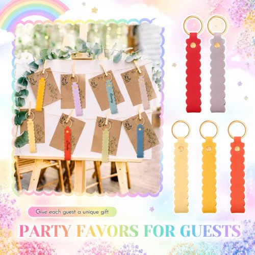 Image of Scalloped PU Leather Keychain Blanks Laser Engraving Blanks Loop Keychain Kit with Key Ring for DIY