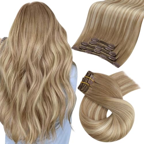 Moresoo Light Brown Balayage Hair Extensions Clip in Light Brown to Medium Brown Human Hair Clip in Extensions Straight Long to Add Length Double Weft 80g/5pcs 20inch for Wedding