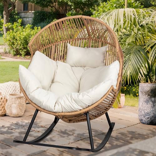 Vongrasig Wicker Egg Chair PE Rattan Rocking Chair with Cushion, Oversized Patio Lounge Rocker Chair for Outdoor, Indoor, Balcony, Backyard, Garden, Beige - Thumbnail 2