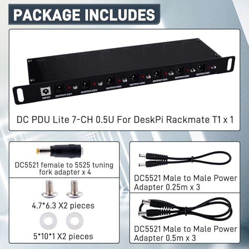 Image of GeeekPi 10 inch Rack PDU, DC PDU Lite 7-CH 0.5U Rack-Mount Power Distribution Unit for DeskPi Rackmate T1 /T0 /T2 /T0 Plus /T1 Plus /TL1 /10 Inch Server Cabinet, 7 Outlets, w /3PCS 25cm DC5521 Cables
