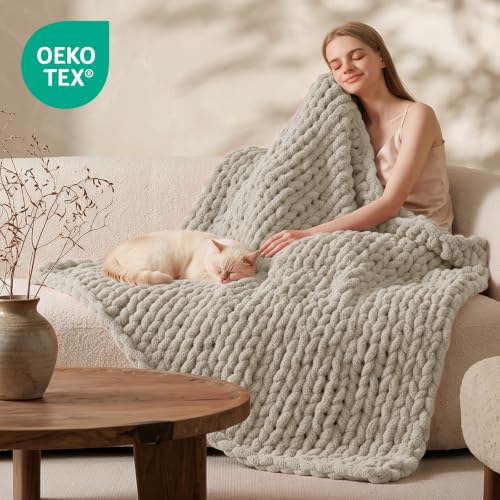 Image of L'AGRATY Chunky Knit Throw Blanket for Couch, 50 x 70 Inches, Light Linen
