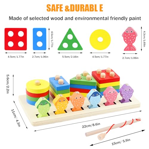 Montessori Wooden Toys for Kids Boys Girls, 2 in 1 Wooden Shape Sorter Magnetic Fishing Game, Colour Sorting Stacking Toddler Toys,Preschool Educational Learning Gift for Boys Girls 1-5 Year Old - Image 3
