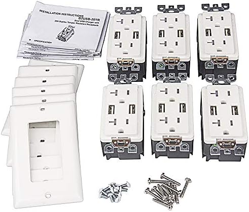 USB Outlet, 4.0A USB Outlet, USB Wall Outlet, USB Charger Outlet, Dual USB Charger with 20A Tamper Resistant Duplex Receptacle (6, White)
