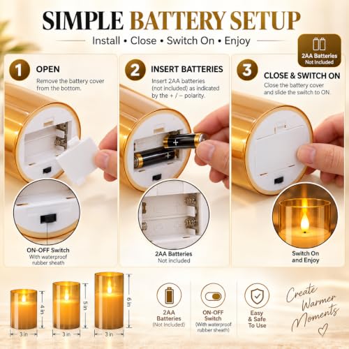 Image of Gesto LED Candles for Decoration - Set of 3 Flameless Battery Operated Candle with Remote & Timer | Warm Light Artificial Candles for Home Decor, Living Room, Bedroom, Dining Table, Diwali & Pooja