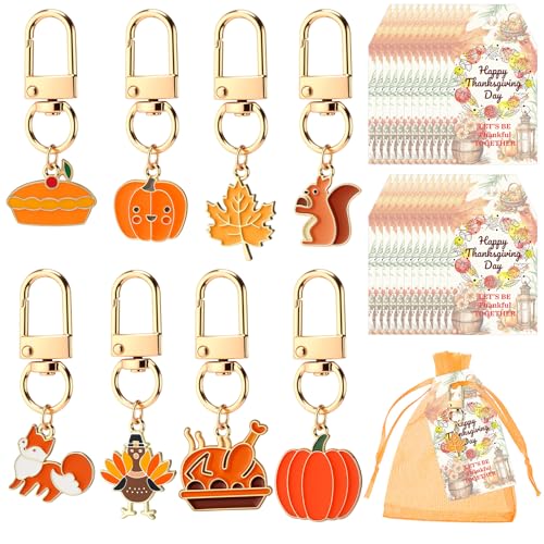 Cunno 72 Pcs Thanksgiving Pumpkin Party Favors Include Cute Keychain Thank You Tag and Bag for Thanksgiving Day Fall Autumn