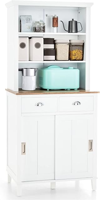 COSTWAY Kitchen Cupboard, Freestanding Storage Cabinet with Adjustable Shelves, 2 Sliding Doors, 2 Drawers & Anti-toppling Device, Pantry Sideboard Organizer Unit for Living Room Dining Room