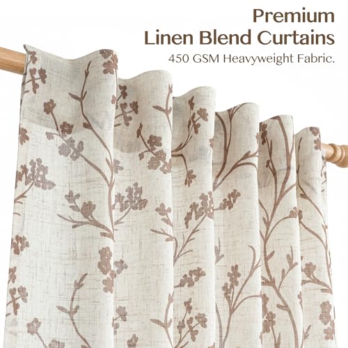 Image of THREE GIRLS Floral Linen Shree Printed Curtains 120 Inches Light Filtering Vintage Farmhouse, Back Tab Rod Pocket Cottage Core Drapes for Living Room Bedroom Dining Room, Beige on Beige, 2 Panels