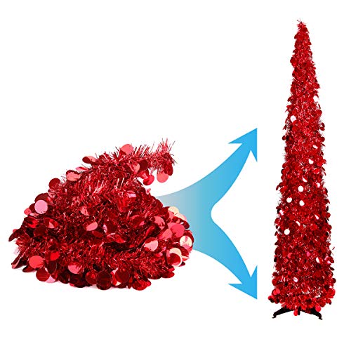 Joy-Leo 5Ft Red Sparkly Pop Up Sequin Christmas Tree - Reflective Colors Tinsel, Save Your Space And Time (Set Up In 5 Minutes), Collapsible Small Tabletop Artificial Xmas Tree, Skinny Pencil Tree #TOP4