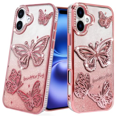 Image of VONZEE Electroplated Butterfly Case Compatible with iPhone 17, Pearlescent Diamond Sparkle Soft TPU Cover, Shockproof Drop Protection, Camera Lens Guard Stylish Phone Case for Women & Girls, Pink