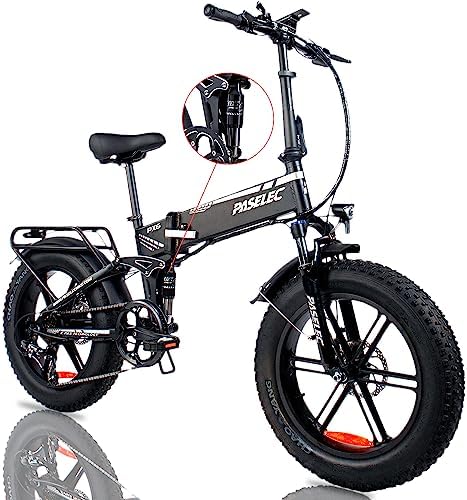PASELEC Electric Bikes for Adults 20” Folding ebike Full Suspension 750W Motor Bicycle, Mechanical Brakes, 48V 12ah Removable Battery E-bike Fat Tire Mountain Beach Snow e Bike, Shimano 7 Gears Cycle for Men