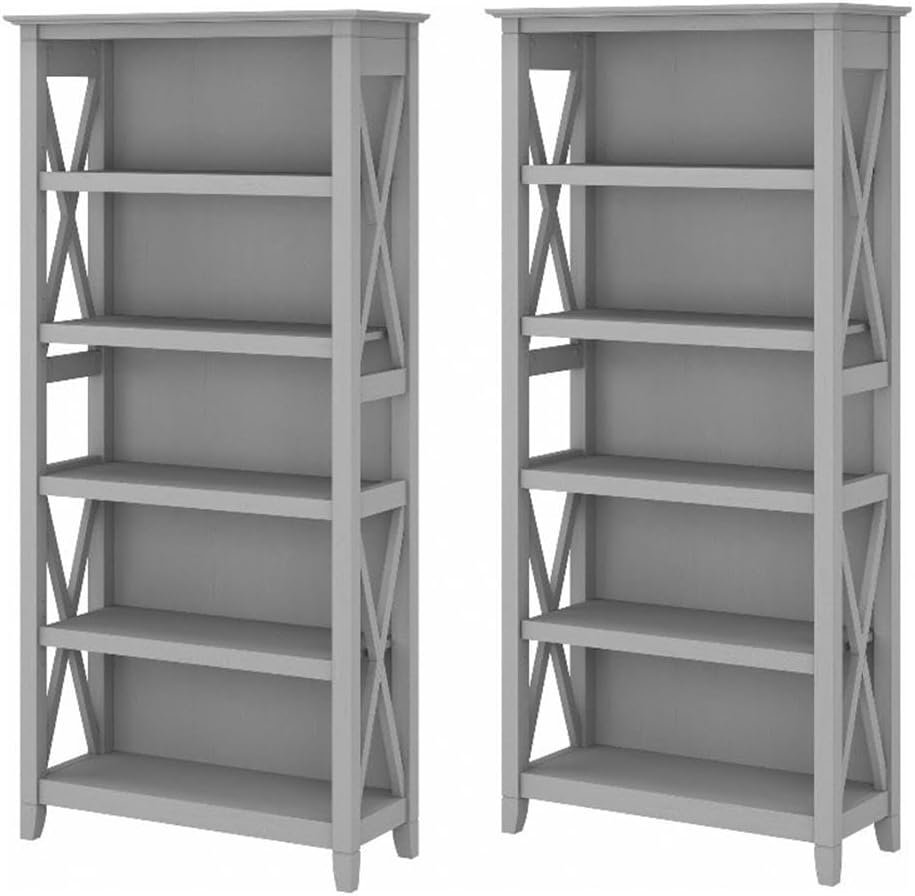 Bush Home Key West 5 Shelf Bookcase - Set of 2 | Tall Bookshelves in Cape Cod Gray | Sturdy Display Shelves for Library, Living Room, and Home Office