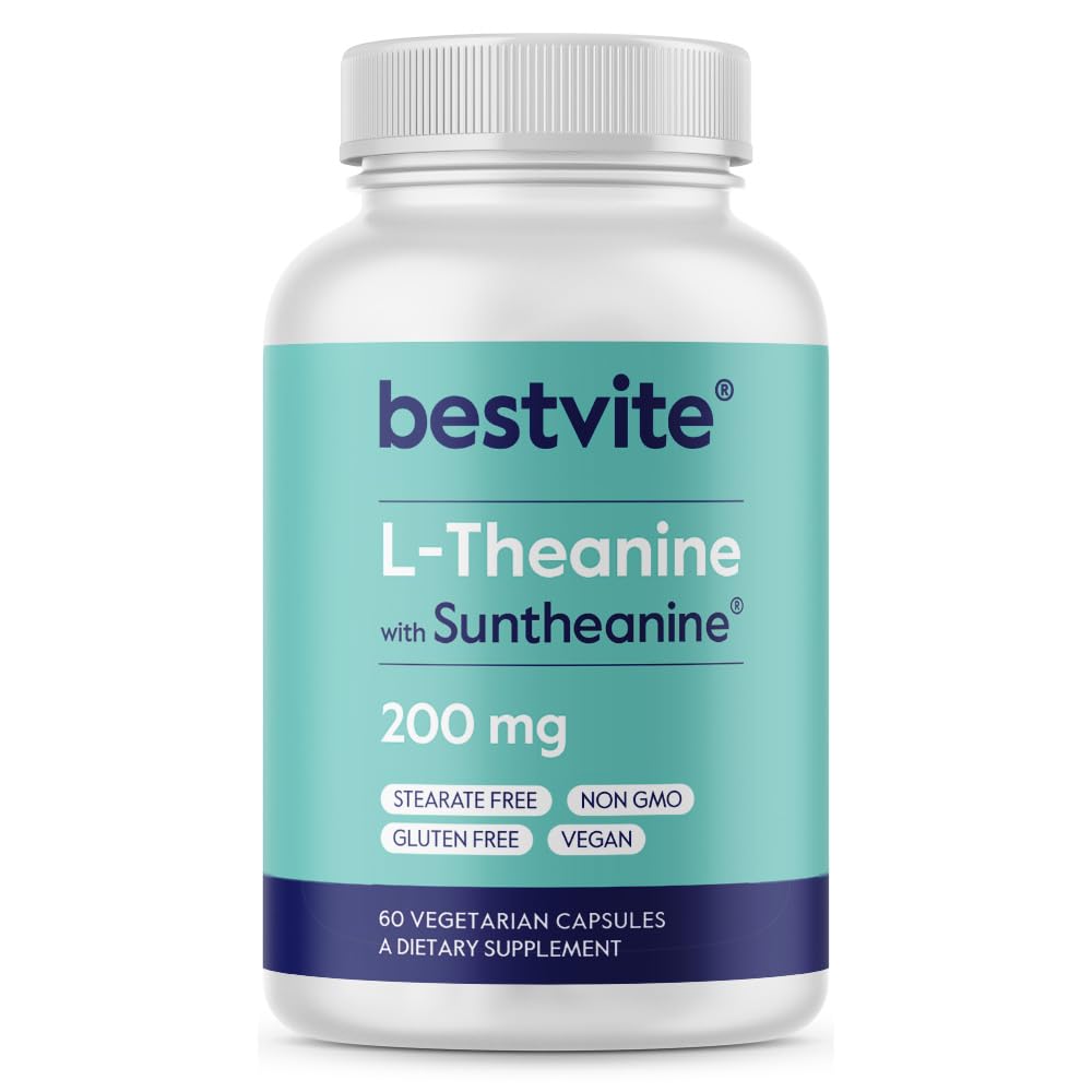 BESTVITE Double Strength Suntheanine L-Theanine 200mg (60 Veg Caps) - Vegan 1 Count (Pack of 60)