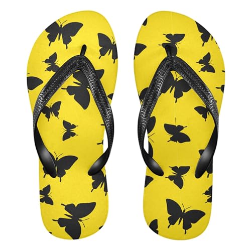 Burbuja Black Butterfly on Yellow Flip Flops for Women Men, Soft Thong Sandals Rubber Slippers for Pool Beach Essentials