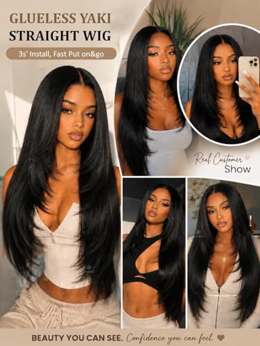 Image of Sunber Glueless 13x4 Layered Cut Yaki Straight Human Hair Wig Elastic 22''