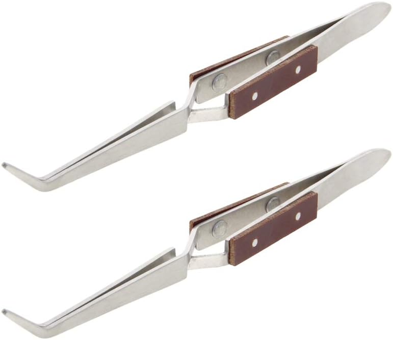 Utoolmart 2Pcs Stainless Steel Tweezers With Cross Locking Wooden Handle Tweezers Bent Reverse Action for Electronics Jewelry-Making Laboratory Hobby