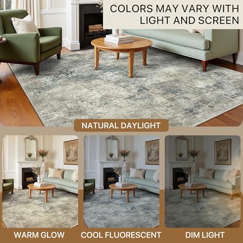 Image of BEIMO Area Rugs 8x10 for Living Room Bedroom, Modern Abstract Machine Washable Rug, Large Soft Low Pile Floor Carpet with Non Slip Backing for Dining Room, Light Gray Blue
