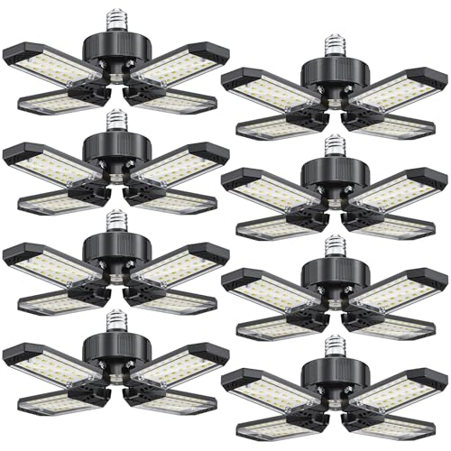 XINGHUANLIT LED Garage Lights 8 Pack, 120W 12000LM Garage Lighting 6500K with 4+1 Deformable Panels, Screw Into E26 E27 Socket, Ceiling Lighting for Shop Workshop Basement Barn Attic Bay