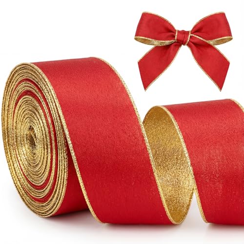 Tegeme Christmas Ribbon Wired Red and Gold Ribbon 10 Yards 1.5 Inch Double Face Two Color Polyester DIY Craft Xmas Party Supplies for Gift Wrapping Bow Wreath Hair Bows Lanyard Party Favor
