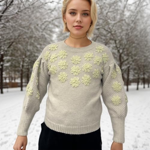 Image of Women's Loose Fitting Heavy Embroidery Three-Dimensional Flower Long Sleeved Knitted Pullover Sweater top