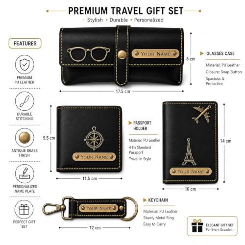 Image of Customized Wallet Combo Gift Set for Men | Faux Leather Wallet, Passport Cover & Keychain with Name & Charm | Personalized Gift for Birthday, Rakhi & Anniversary (Black wkps)