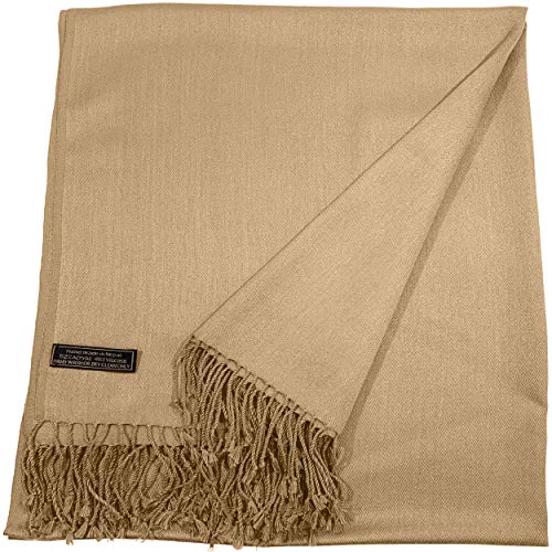 CJ Apparel Light Gold Solid Color Tassels Design Nepalese Shawl Seconds Scarf Wrap Stole Throw Head Wrap Pashmina Hand Made in Nepal New3