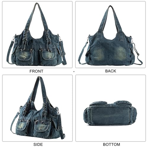 Image of Designer Denim Handbags for Women Hobo Tote Bag Crossbody Denim Purses Blue Jean Shoulder Bag
