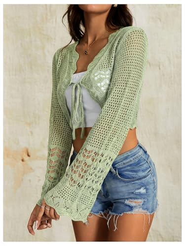 Image of OYOANGLE Women's Crochet Tie Front Sweater Cardigans Bell Sleeve Knitted Cropped Bolero Shrug Cardigan