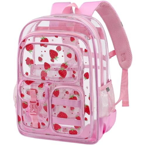 Image of Three-layer Clear Backpack, Heavy Duty Clear Bookbag for Kids, See Through Backpack Transparent Bag for Girls Boys (Strawberry PVC)