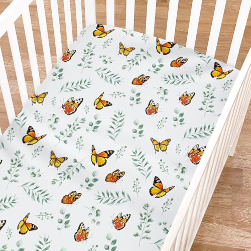 Sábanas vintage para cuna de bebé, diseño de mariposas y hojas verdes, 132 x 71 cm, funda de colchón ajustable para cuna, suave, transpirable, para jardín de primavera para cuna estándar y colchón