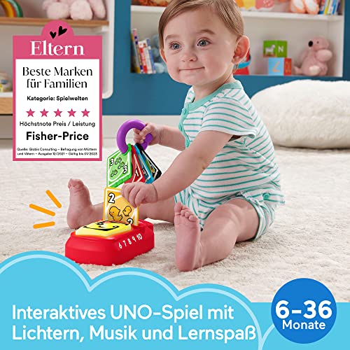 FISHER-PRICE Lernspaß Baby UNO – elektronisches UNO-Lernspielzeug in Babygröße, mit lustigen Lichtern, Geräuschen und Musik, für unterwegs, biligual, ab 6 Monaten/ 1 Jahr, HHG91 – Bild 3